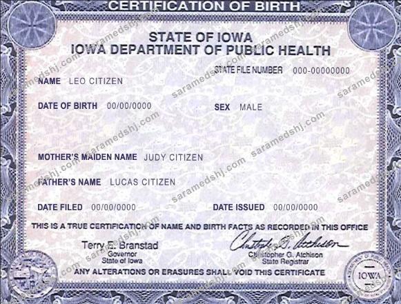 USA Iowa state birth certificate template in PSD format